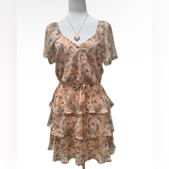 Trixxi Dresses & Skirts - Trixxi Floral Vneck Sheer Tiered Fit & Flare Mini Dress Peach M